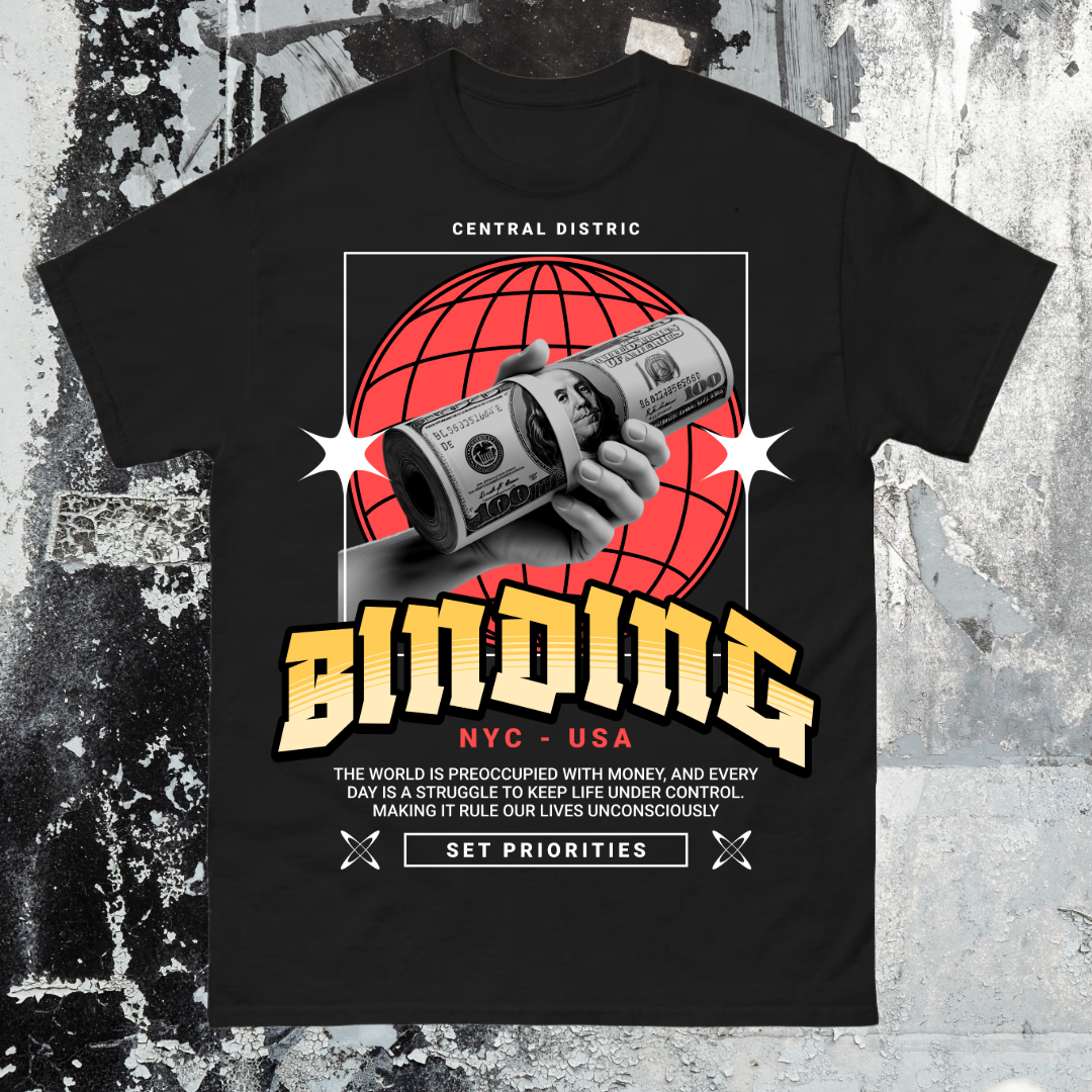 Black t-shirt with graphic design featuring money and text on a textured background