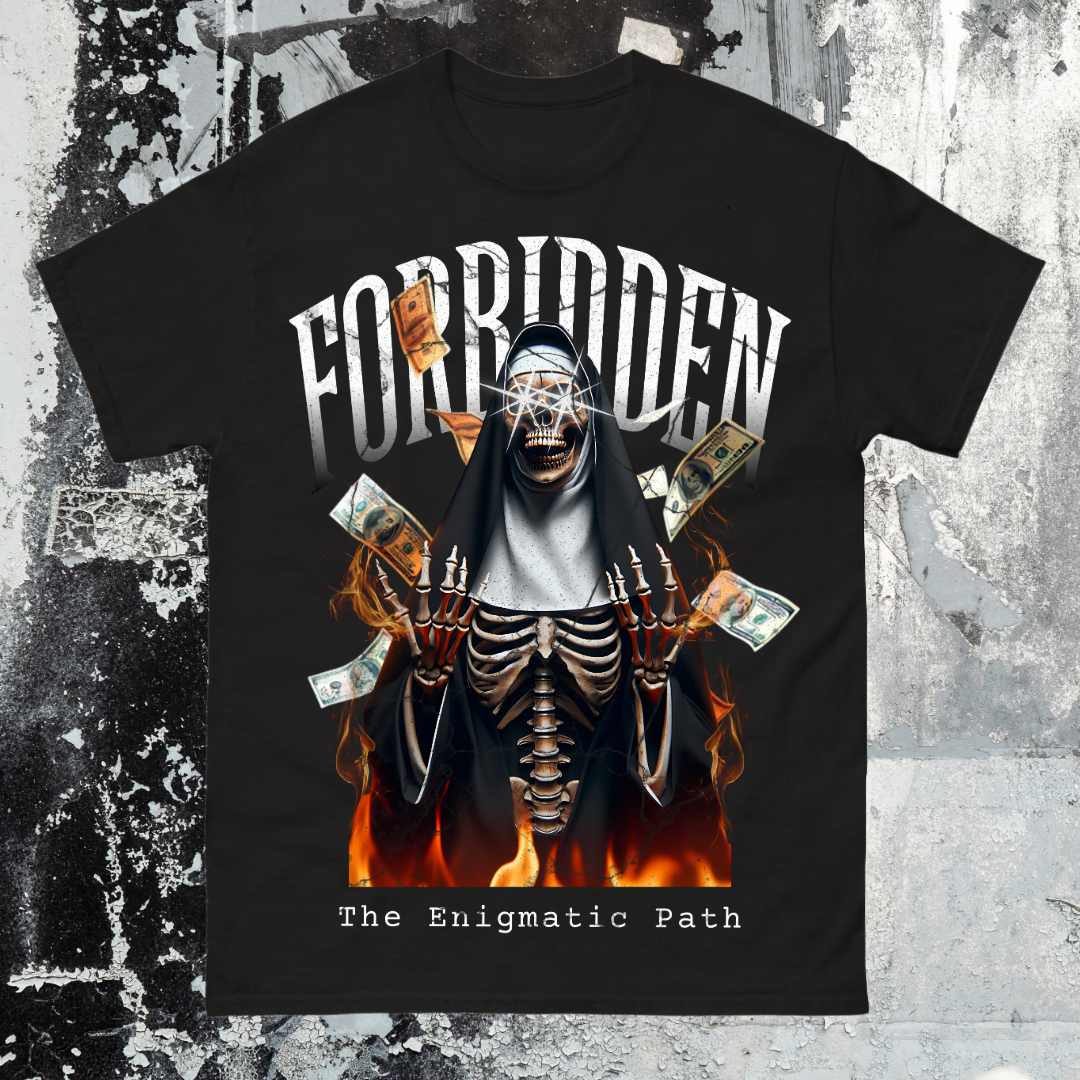 Black t-shirt with a skeleton design and 'Forbidden' text on a textured background
