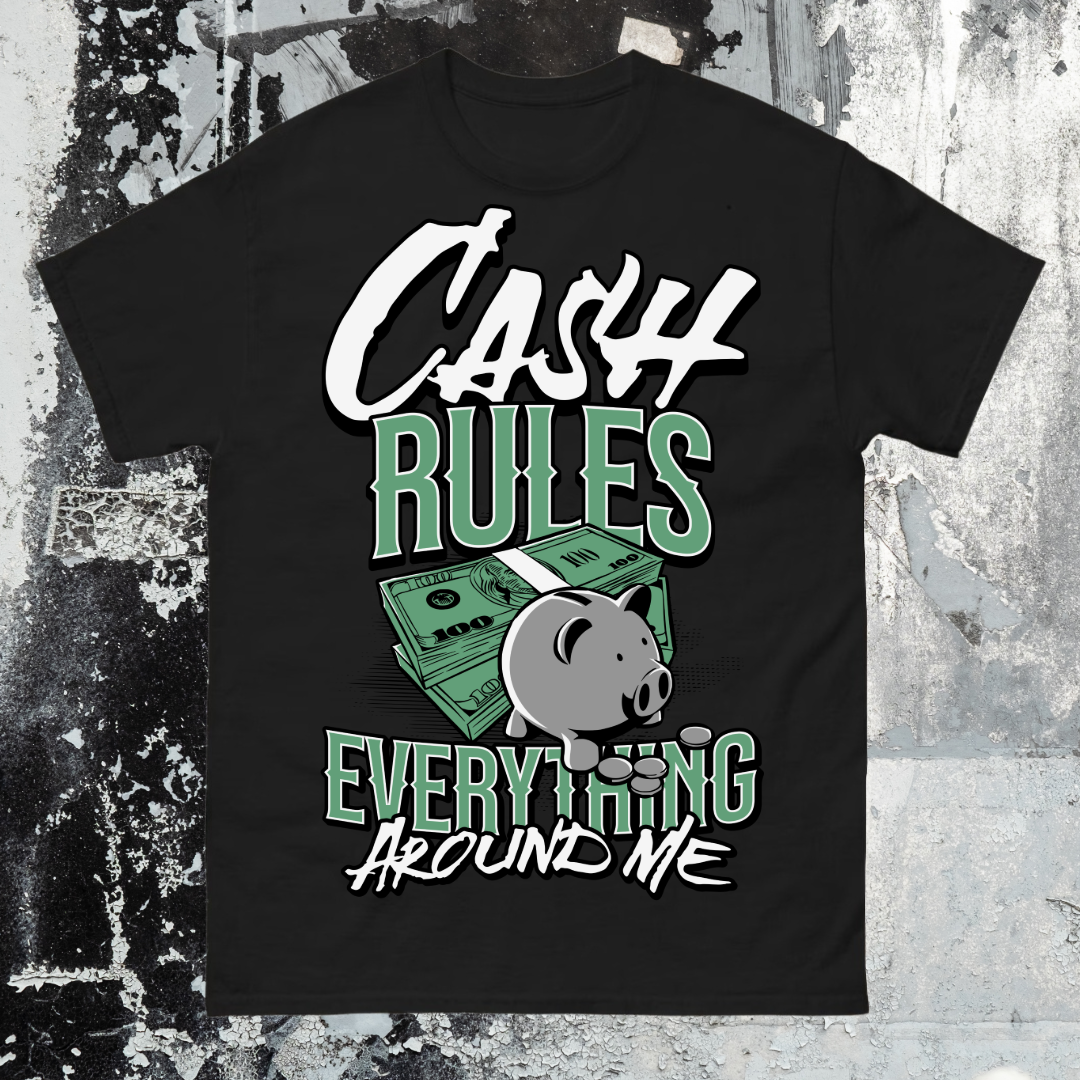 Black t-shirt with 'Cash Rules Everything Around Me' graphic design on a textured background
