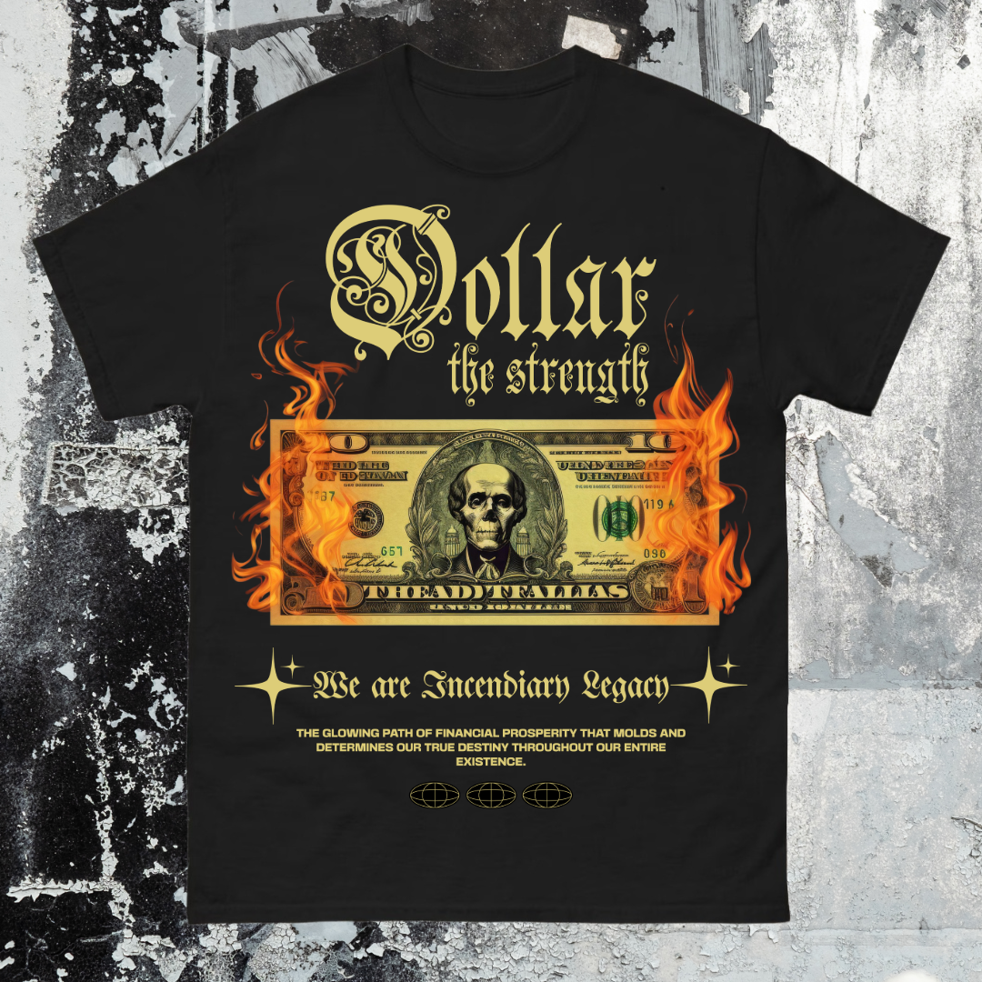Black t-shirt with dollar bill graphic and text on a textured background