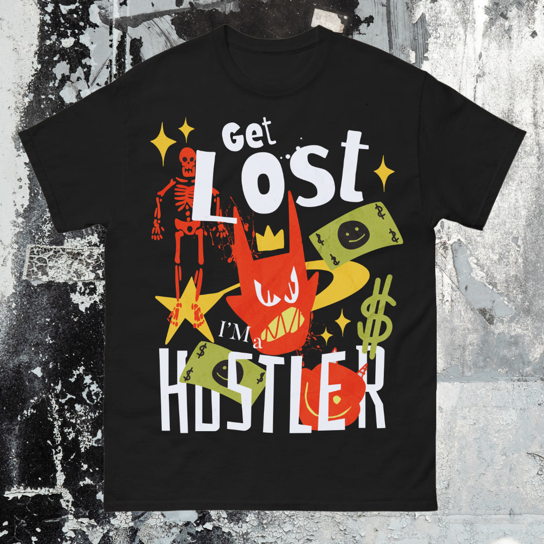 Black t-shirt with colorful graphic design and text on a textured gray background