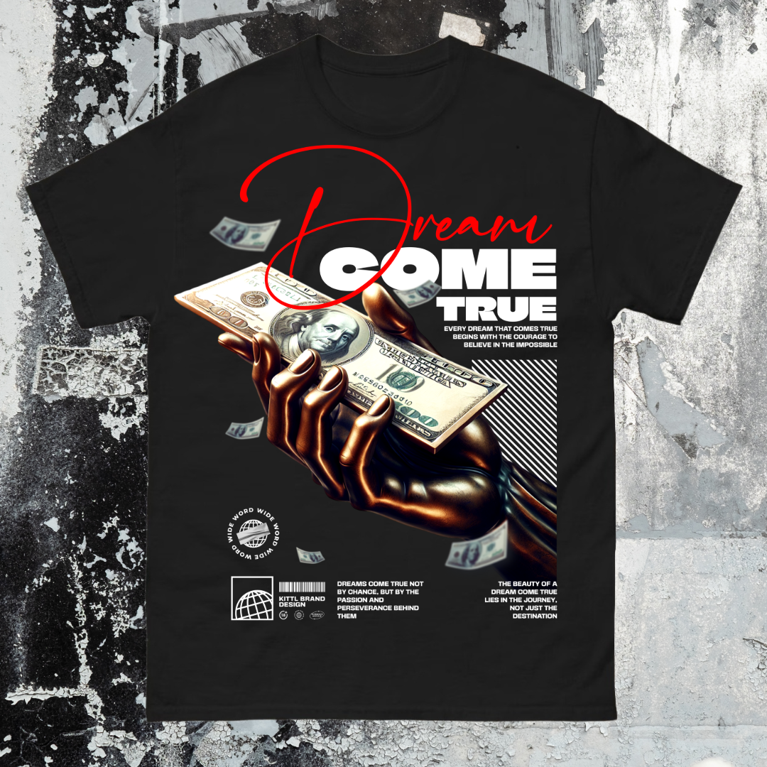 Black t-shirt with a graphic design of a hand holding money and text on a textured gray background