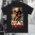 Black t-shirt with a graphic of a skull holding money and the text 'Dead Rich' on a textured background.