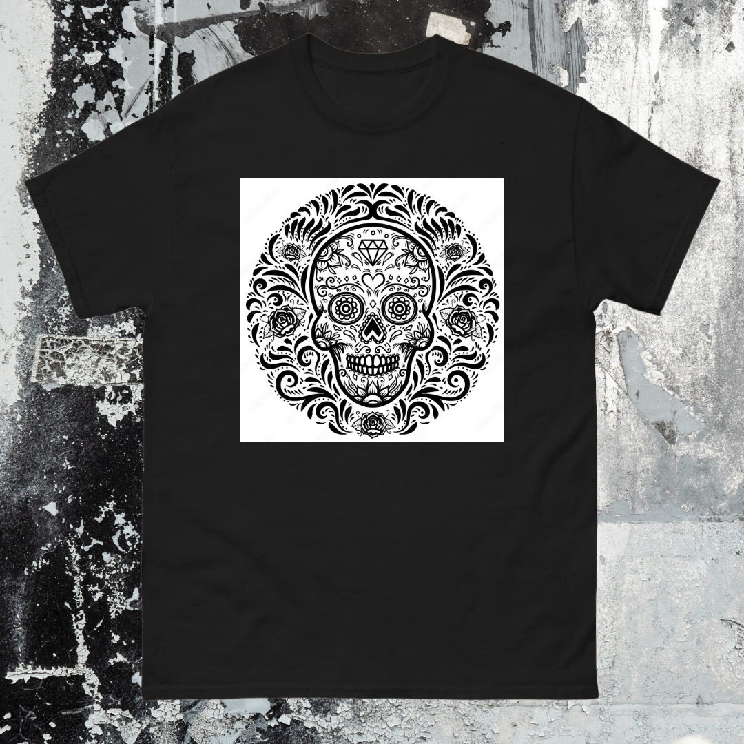 Black t-shirt with a white skull design on a textured gray background