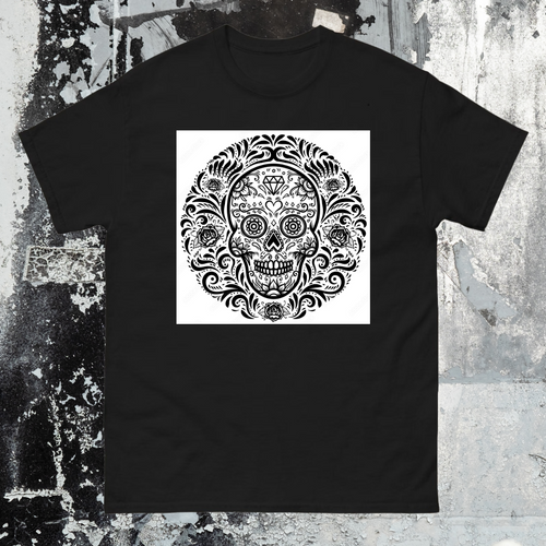 Black t-shirt with a white skull design on a textured gray background