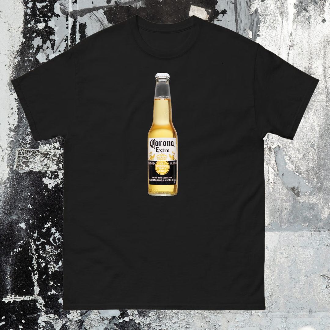 Black t-shirt with a Corona Extra beer bottle graphic on a textured gray background